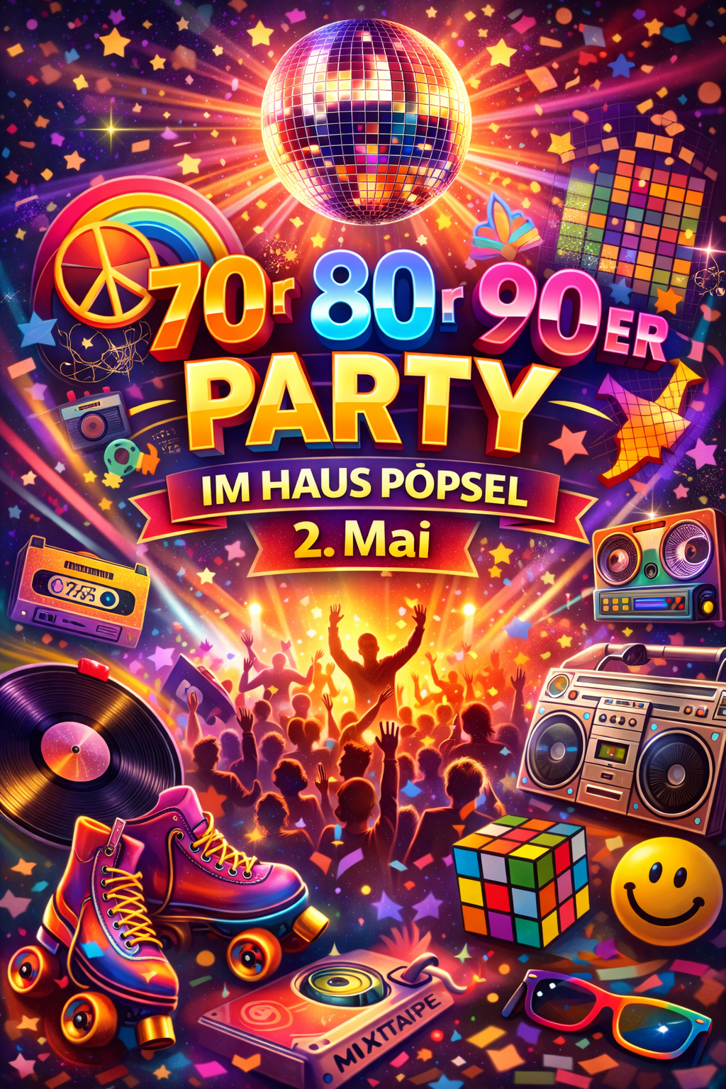 2. Mai: 70er, 80er, 90er Party Eintritt 6,50 €
